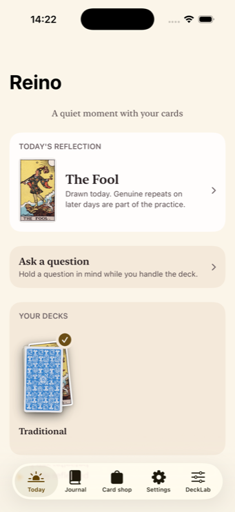 The Today screen: today's reflection, a question to ask, and your decks